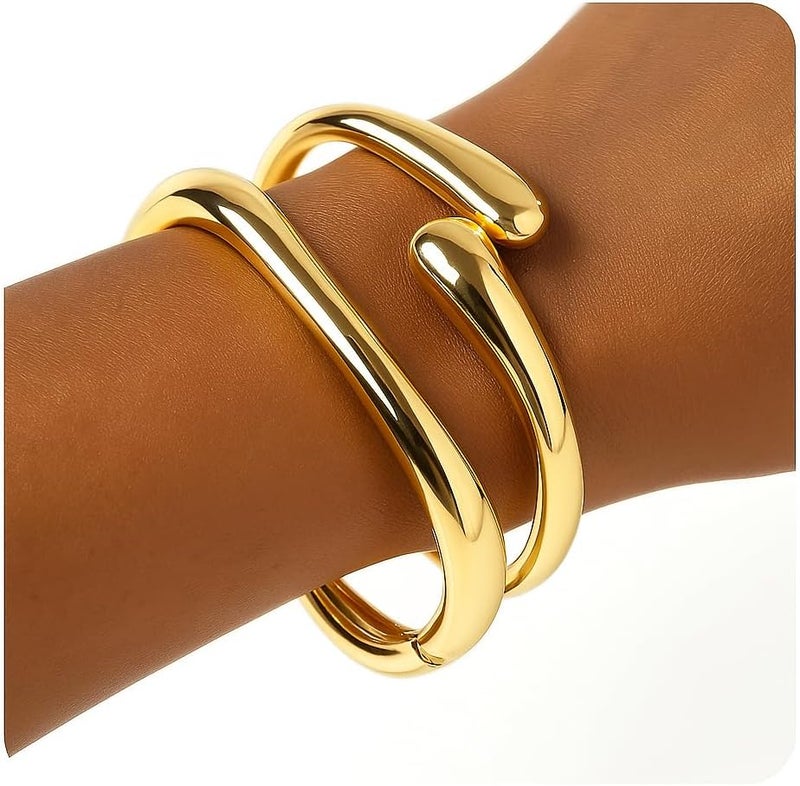 PEALICIOUS 2Pcs Chunky Bracelet for Women, Girls Gold Bangle Bracelet 7in Minimalist Silver Chunky Bangles Valentines Gifts, Trendy Gold Arm Cuff Upper Arm Band, Stack Bead Pearl Gift Summer Jewelry - Image 1